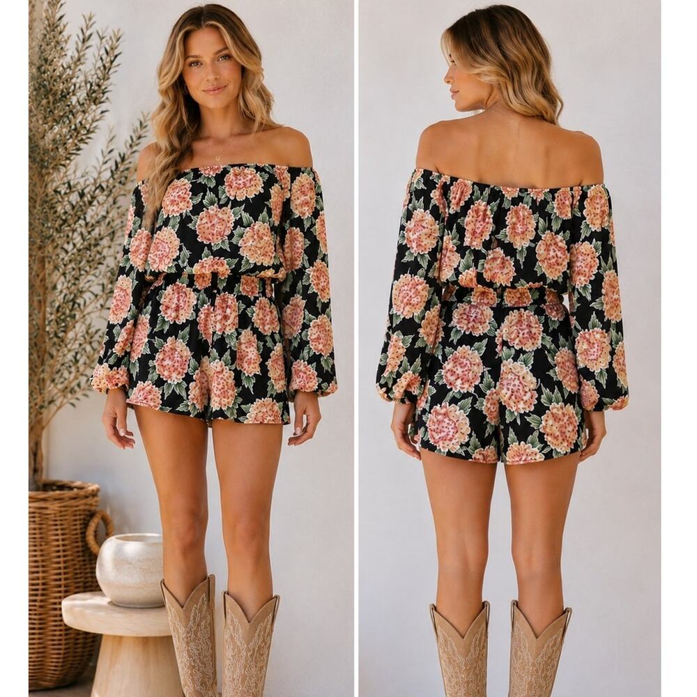 Show Me Your Mumu Rane Romper Hydrangea Floral Off Shoulder Size Medium